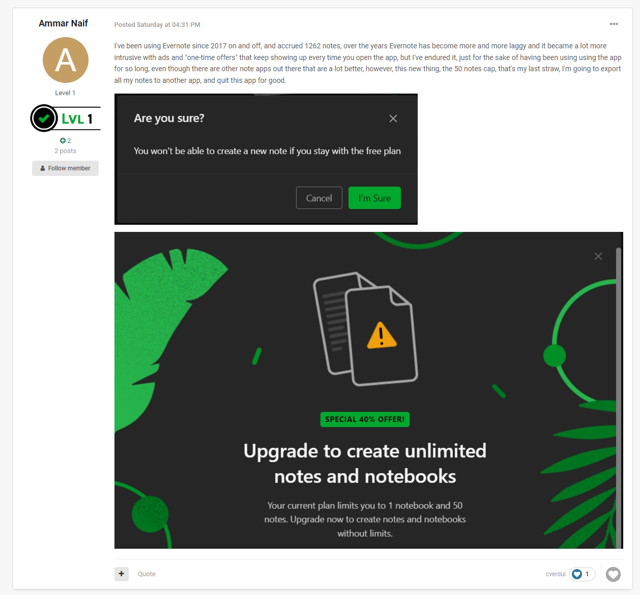 「Evernote」公式フォーラムの投稿