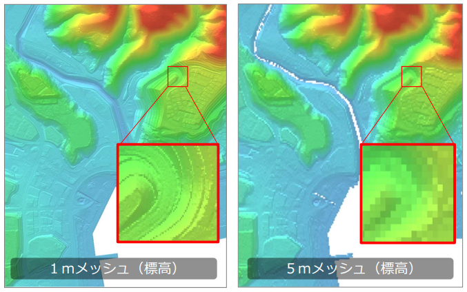 1mメッシュと5mメッシュの陰影段彩表示での見え方の違い
