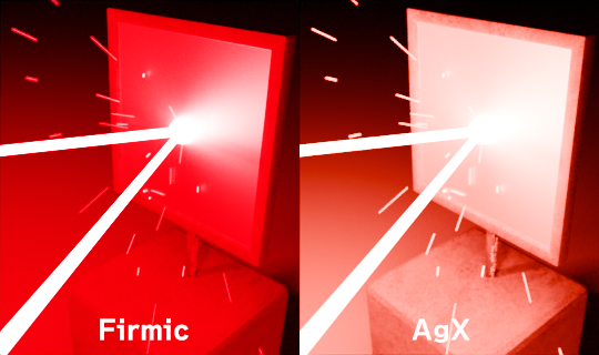 旧「Filmic」と「AgX」ビュー変換の違い。明るい部分の色が自然に飽和している