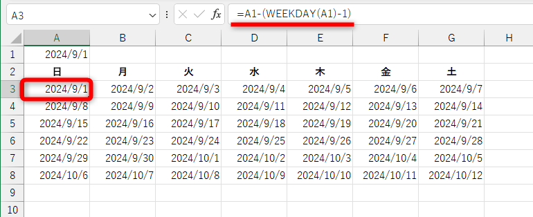 日曜日始まりのカレンダーにしたい場合は「=A1-(WEEKDAY(A1,1)-1)」と書き換える