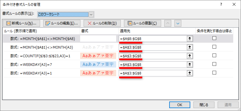 ［ホーム］－［条件付き書式］－［ルールの管理］の順にクリックして［条件付き書式ルールの管理］ダイアログボックスを表示する。［このワークシート］を選択して、設定済みの“ルール”を確認しよう。［適用先］が正しくないことや、優先順位が前後していることはよくある