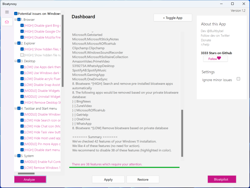 システムをチェックして、推奨の設定項目を提示してくれる