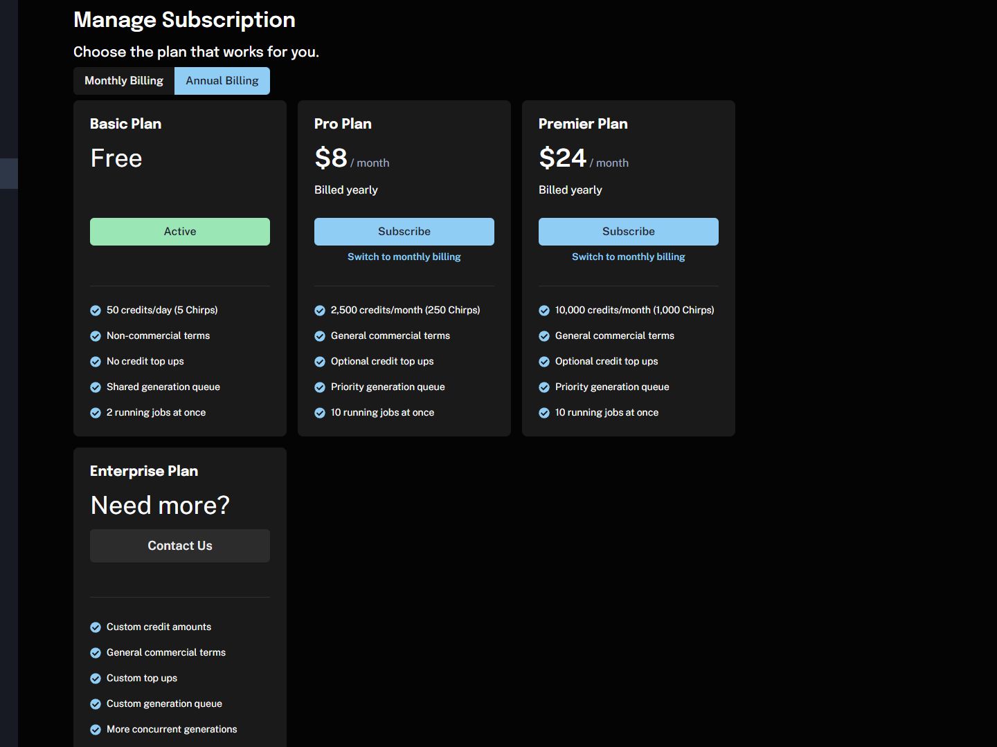 個人向けに用意されているプランは「Basic」「Pro」「Premier」の3つ。無料プランでは1日 50creditsが利用可能で、5回分の音楽生成ができます。