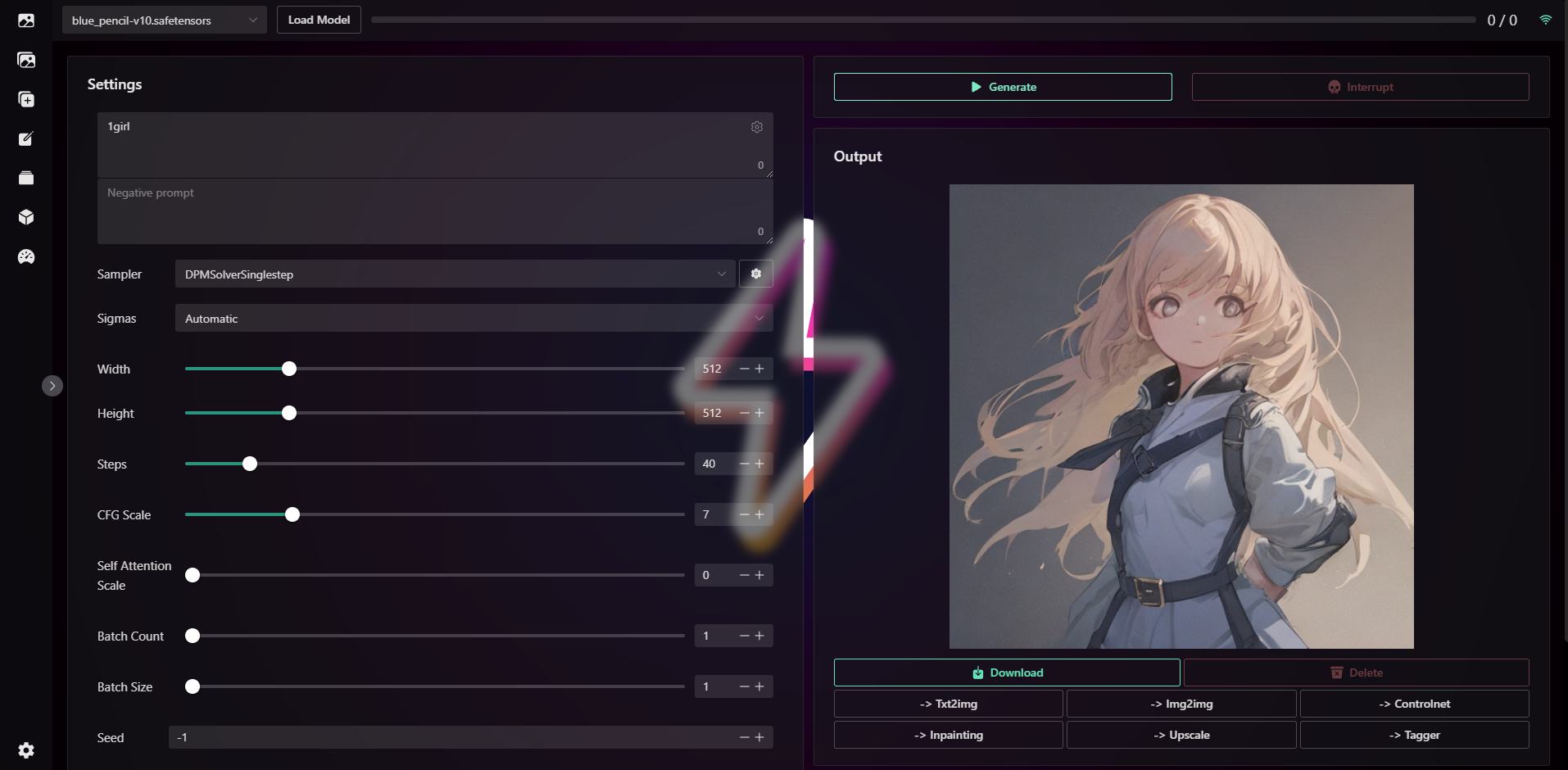 「1girl」のみ、モデル「blue_pencil-v10」を使って生成。左右に別れたUIでAutomatic1111のようなスクロールが不要なのが好印象