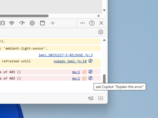 コンソールのエラーメッセージに「Copilot」アイコン
