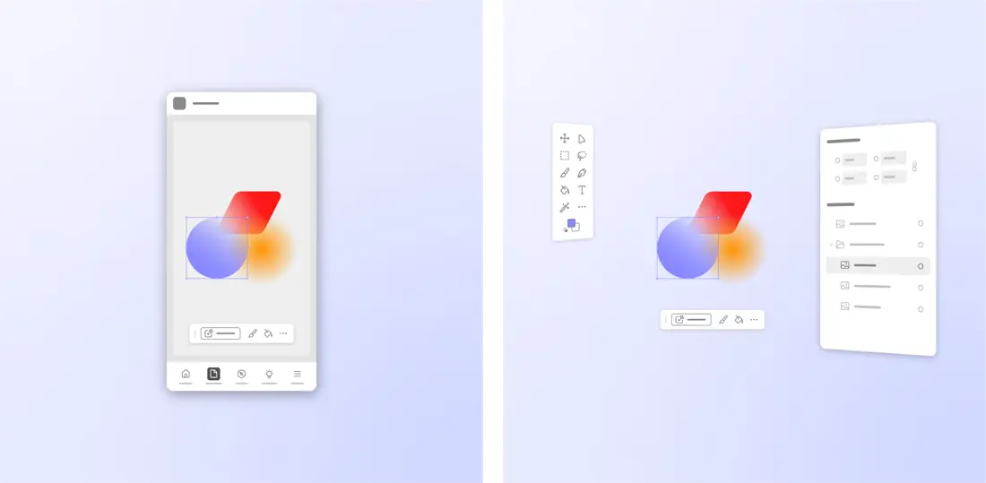 モバイル（左）のデザインから複合現実（右）まで、各プラットフォームの特性に合わせたデザイン