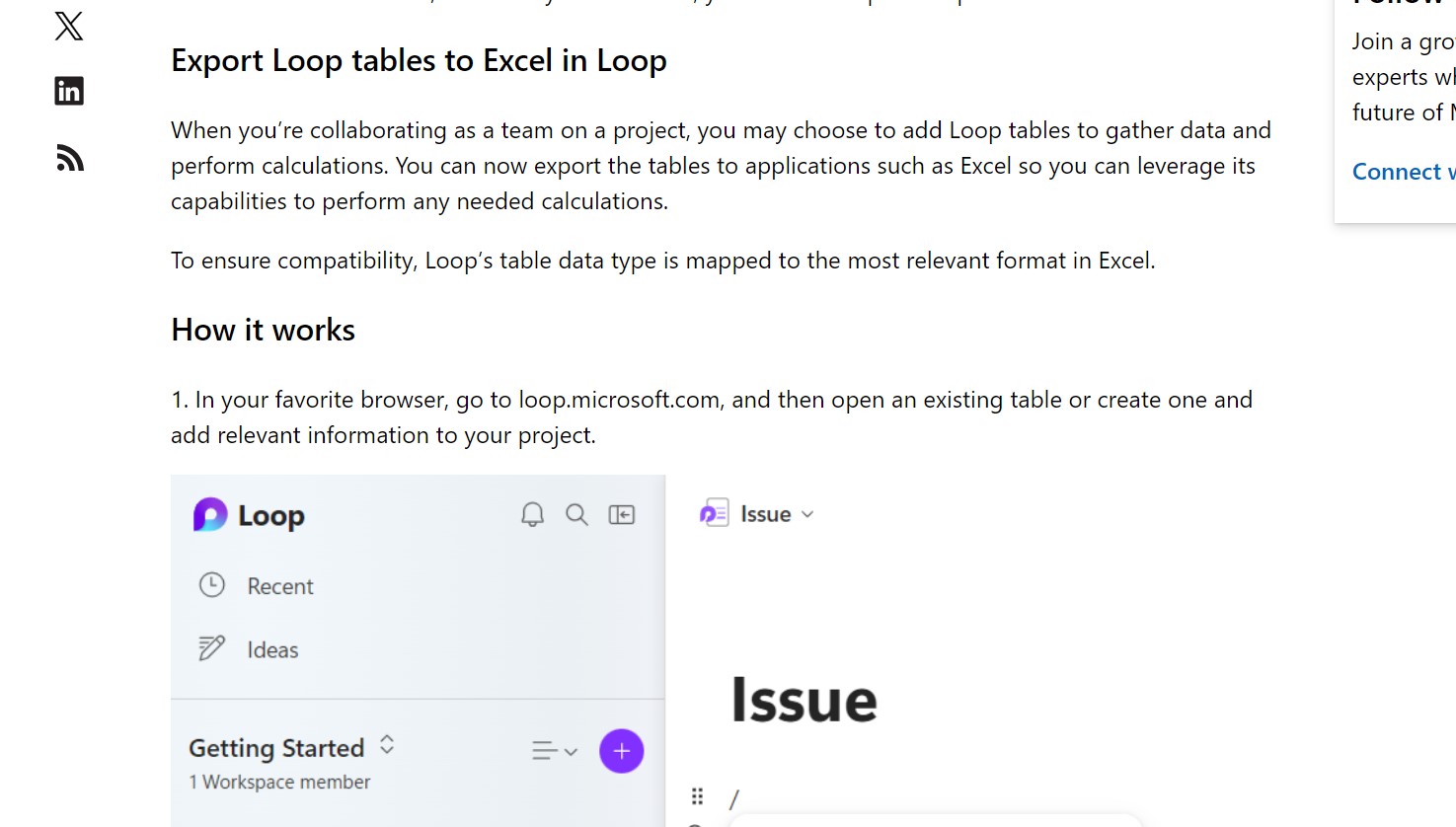 「Microsoft Loop」のテーブルを「Excel」にエクスポート