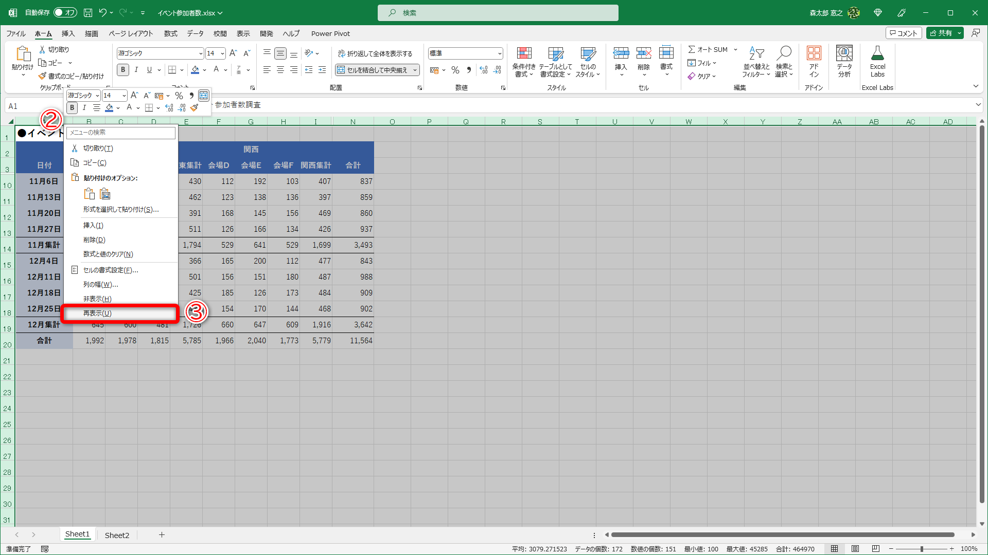 任意の列番号を右クリックして（②）、［再表示］（③）をクリックします