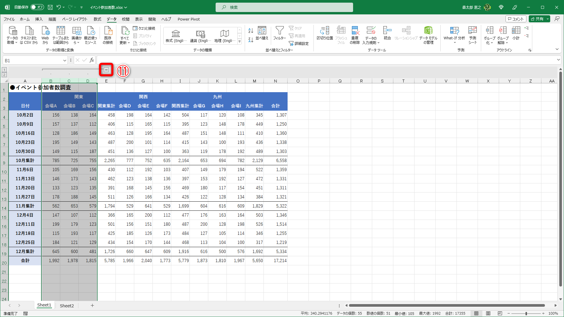 列がグループ化されてワークシートの上にボタンが表示されます。［−］（⑪）をクリックします