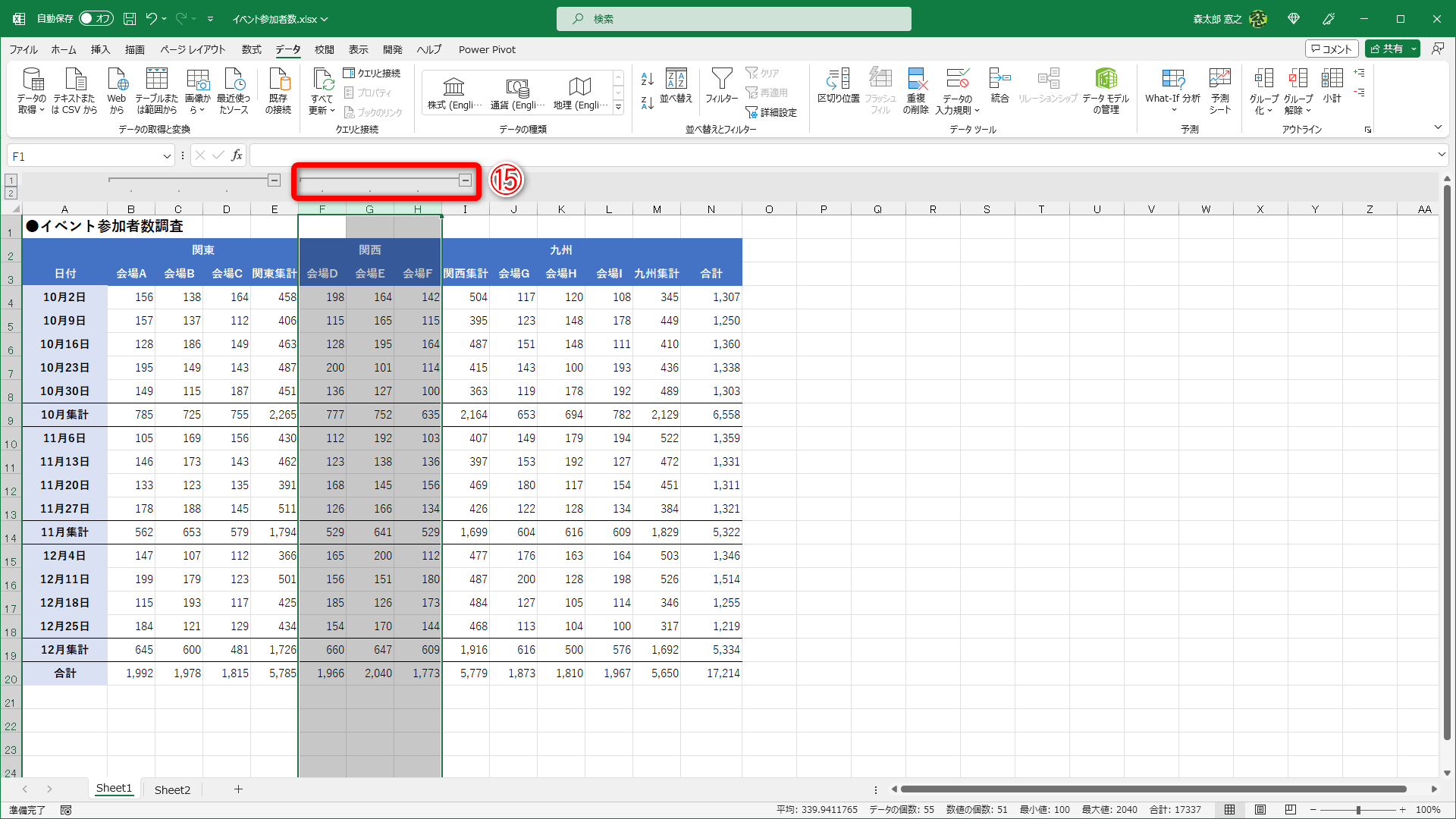 F～H列がグループ化されました（⑮）