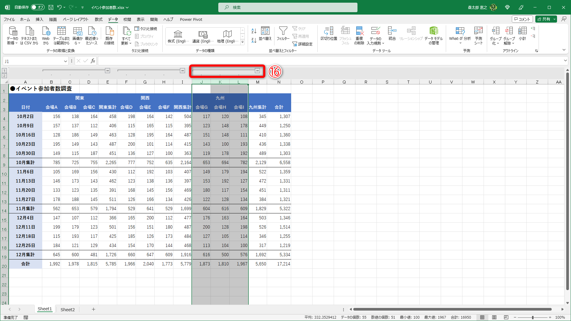 同様にJ～L列もグループ化しておきます（⑯）