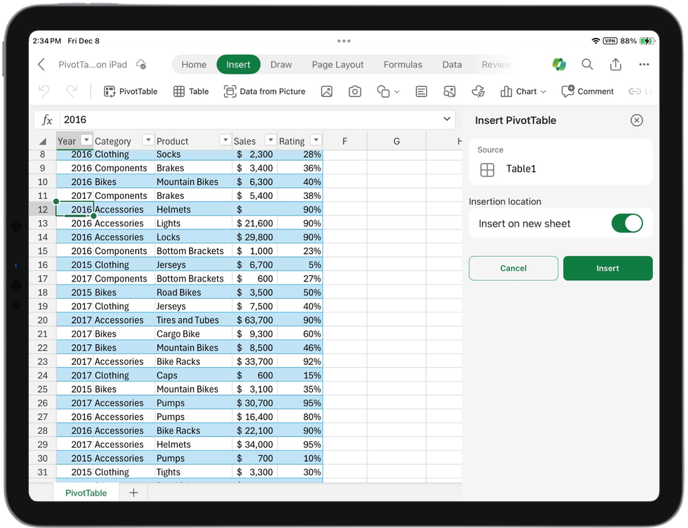 iPad版「Excel」がピボットテーブルに対応