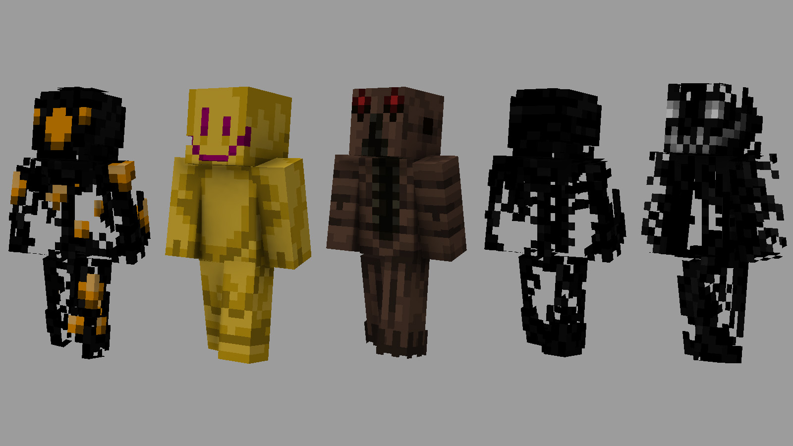 モンスターのスキン。左から、黄色い物体を埋め込んで異質さを表現した「Corrupt」、黄色の体に無邪気な笑みを貼り付けた「Creepy Birthday」、体の中央に呑み込まれそうな奥行きを持つ「Skin Eater」、黒いワイヤーがもつれ合った体の「Snatcher」、黒い体に大きな笑顔が不気味な「Wanderer」