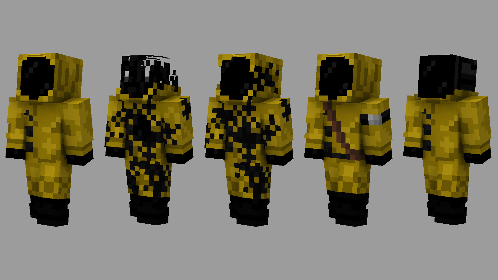 「Hazmat Suit」（防護服スキン）はバリエーションも用意。左から通常の状態、壊れた状態、汚染された状態、上位のスーツ、ヘルメットを脱いだ状態