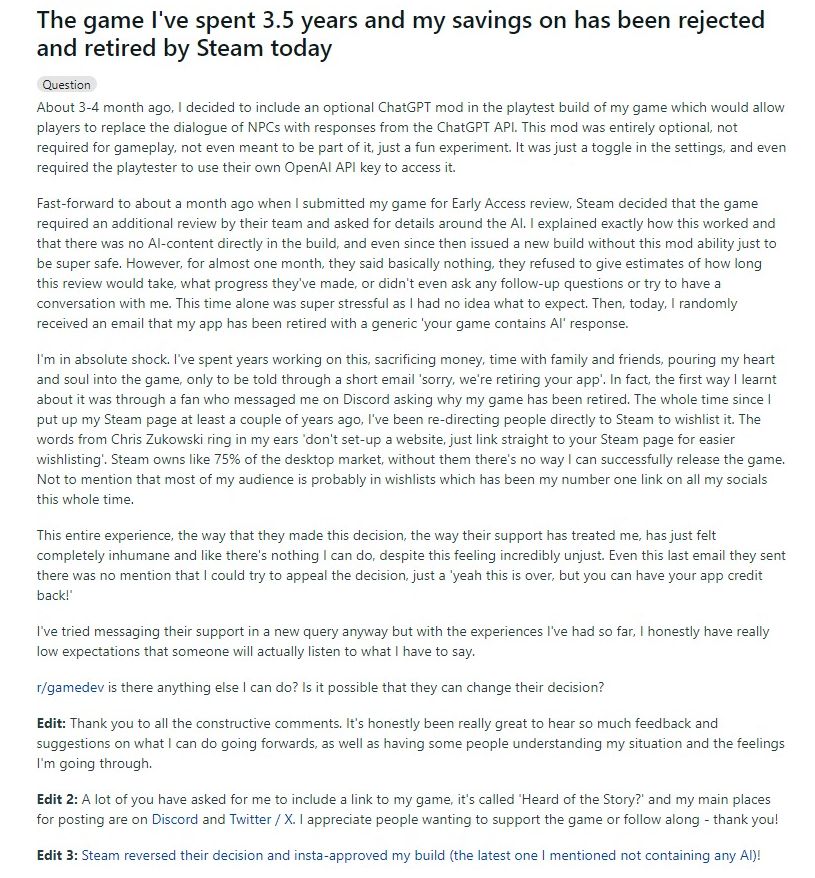 海外掲示板Redditに投稿された、ChatGPTを使った機能を搭載したゲームがリジェクトされたことを報告する書き込み