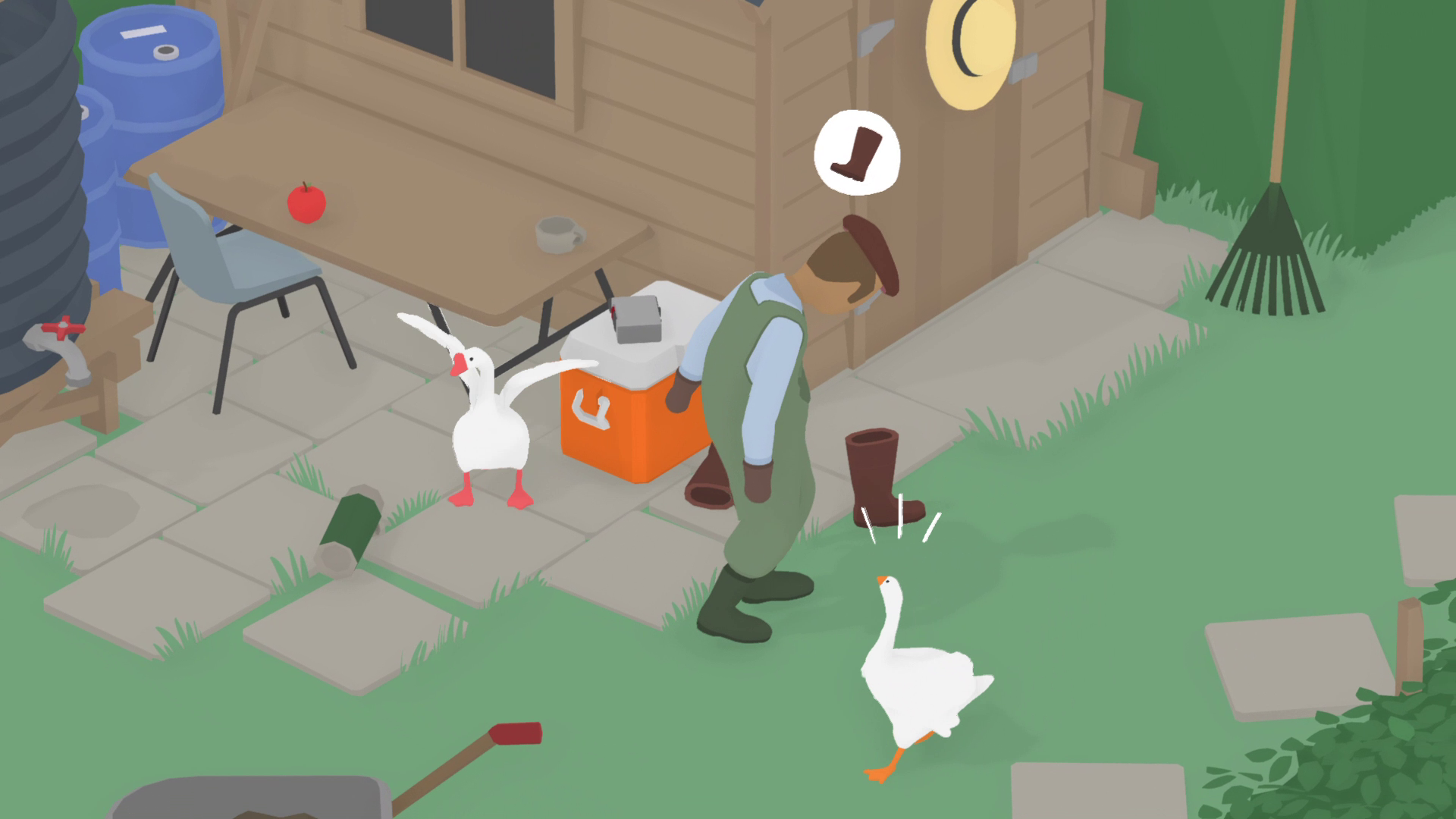 2羽のガチョウが農園のおじさんにいたずらする