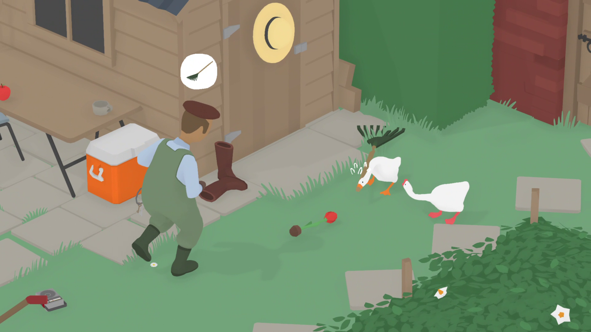 熊手を加えて持っていこうとすると、おじさんが取りに来る