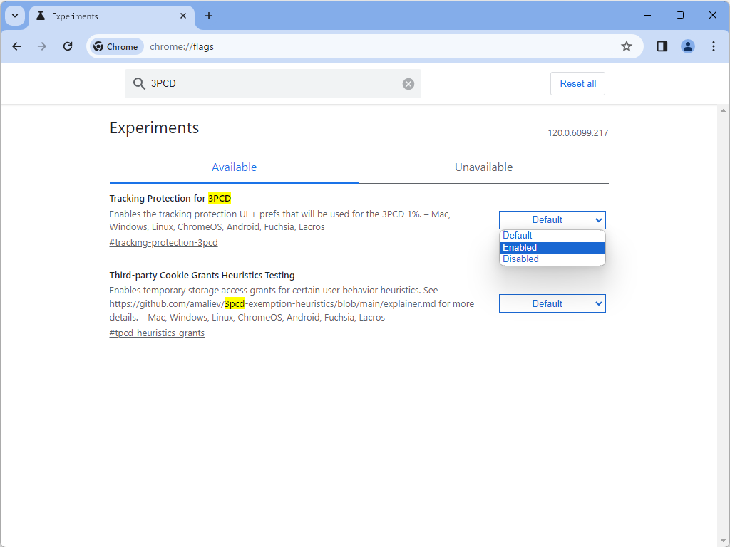 「Tracking Protection for 3PCD」という試験機能フラグを有効化して、「Chrome」を再起動