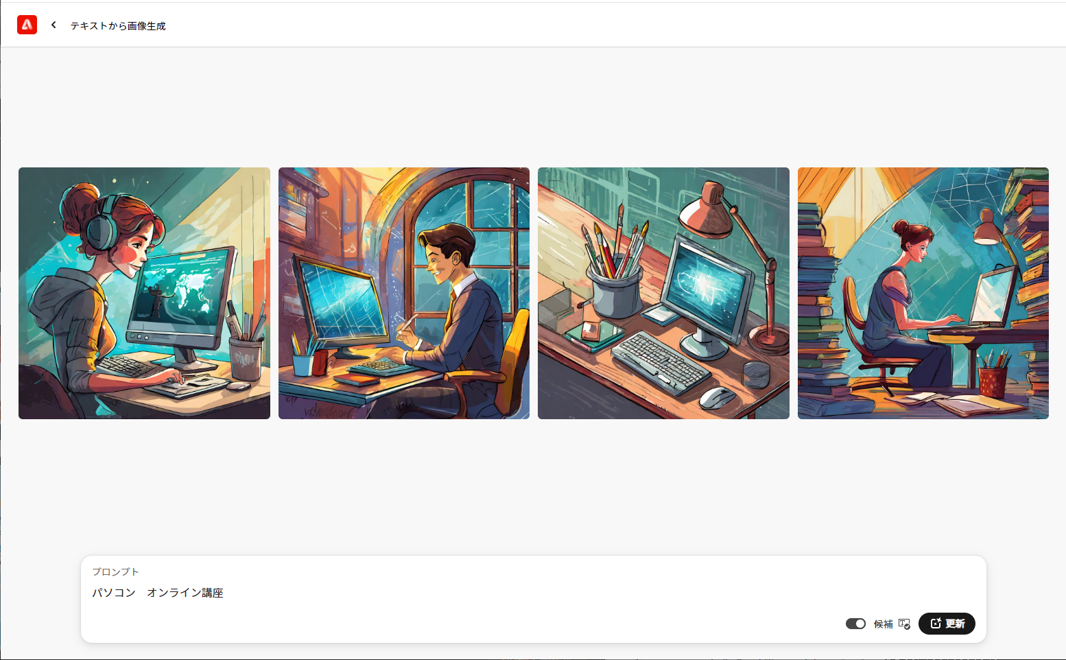 イラストが生成された。［更新］をクリックすると再生成できるが、クレジット数には限りがあるので、むやみにクリックしないように注意