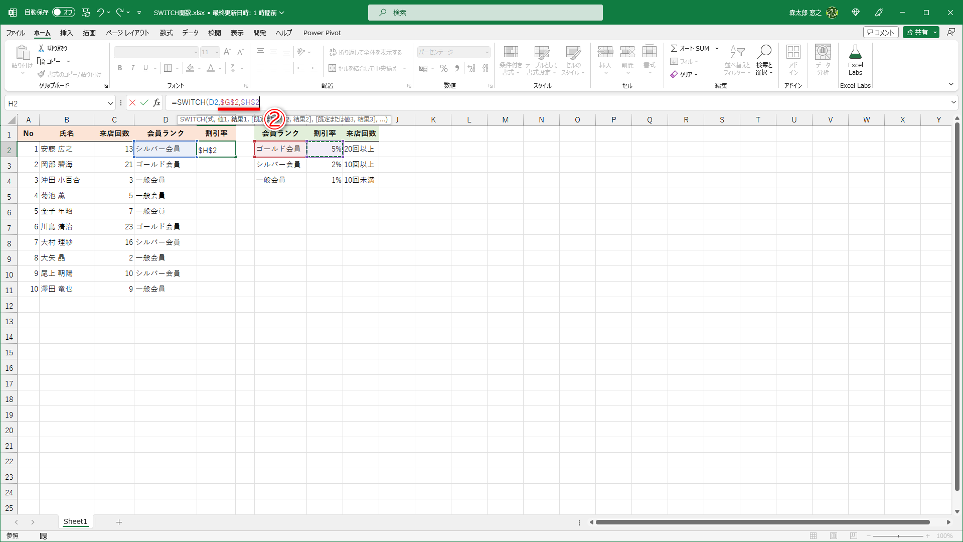 ［値1］と［結果1］は「G2」と「H2」となります。数式をコピーすることを考慮して「$G$2,$H$2」（②）と指定します。［F4］キーを押すと、簡単に絶対参照に切り替えられます