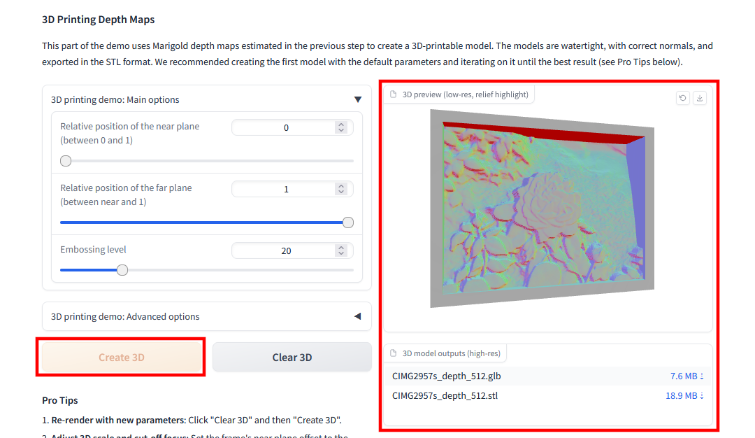 ［3D Printing Depth Maps］セクションの［Create 3D］ボタンで3Dモデルを作成してみた例。