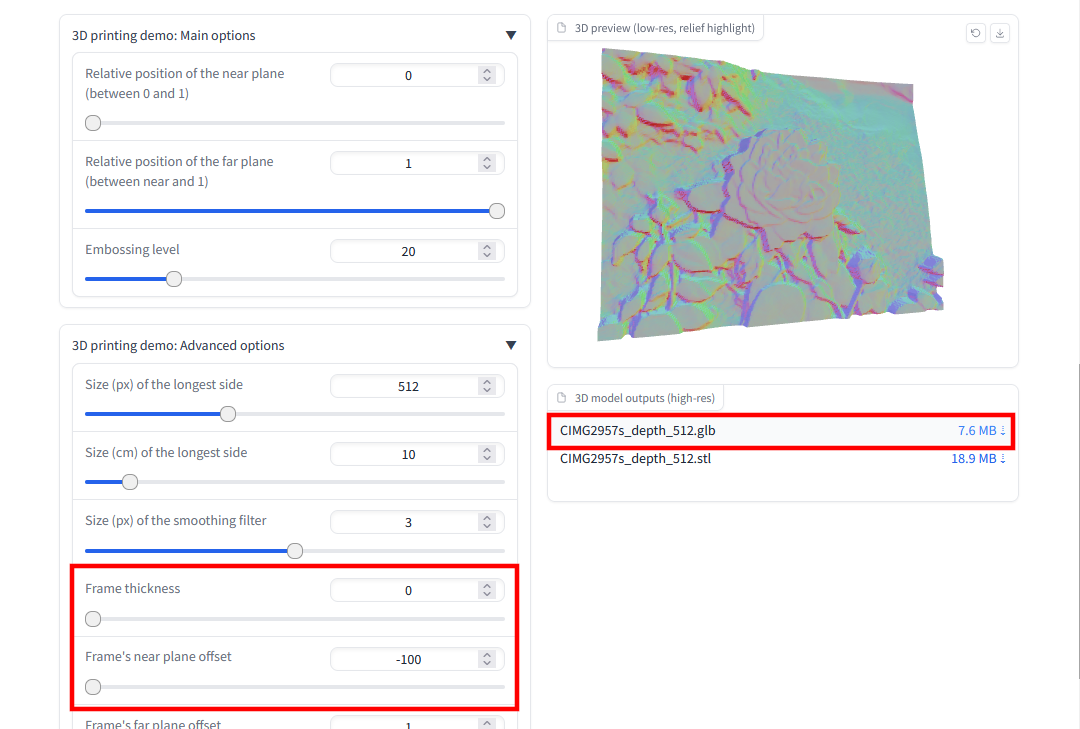 深度情報生成後、「3D Printing Depth Maps」から［3d printing demo: Advanced options］－［Frame thickness］と［Frame's near plane offset］のスライダー（図左枠）を左端まで下げ、下の［Create 3D］でモデルを生成し、「(画像名)_depth_(解像度).glb」ファイルのリンク（図右枠）でダウンロード