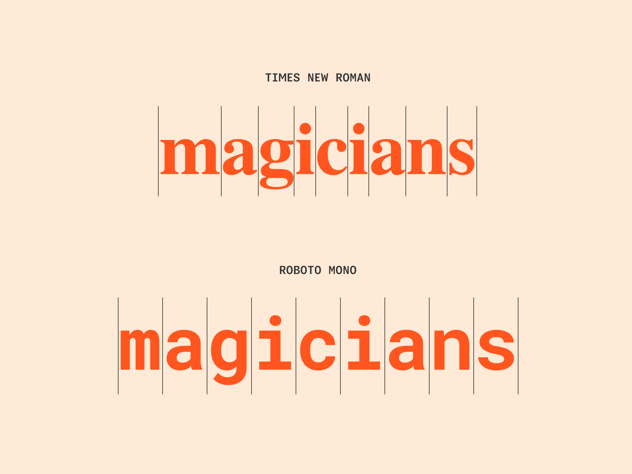 プロポーショナルフォント（上）と等幅フォント（下）。等幅フォントは「m」が詰まっていたり、「i」が間延びして感じられる
