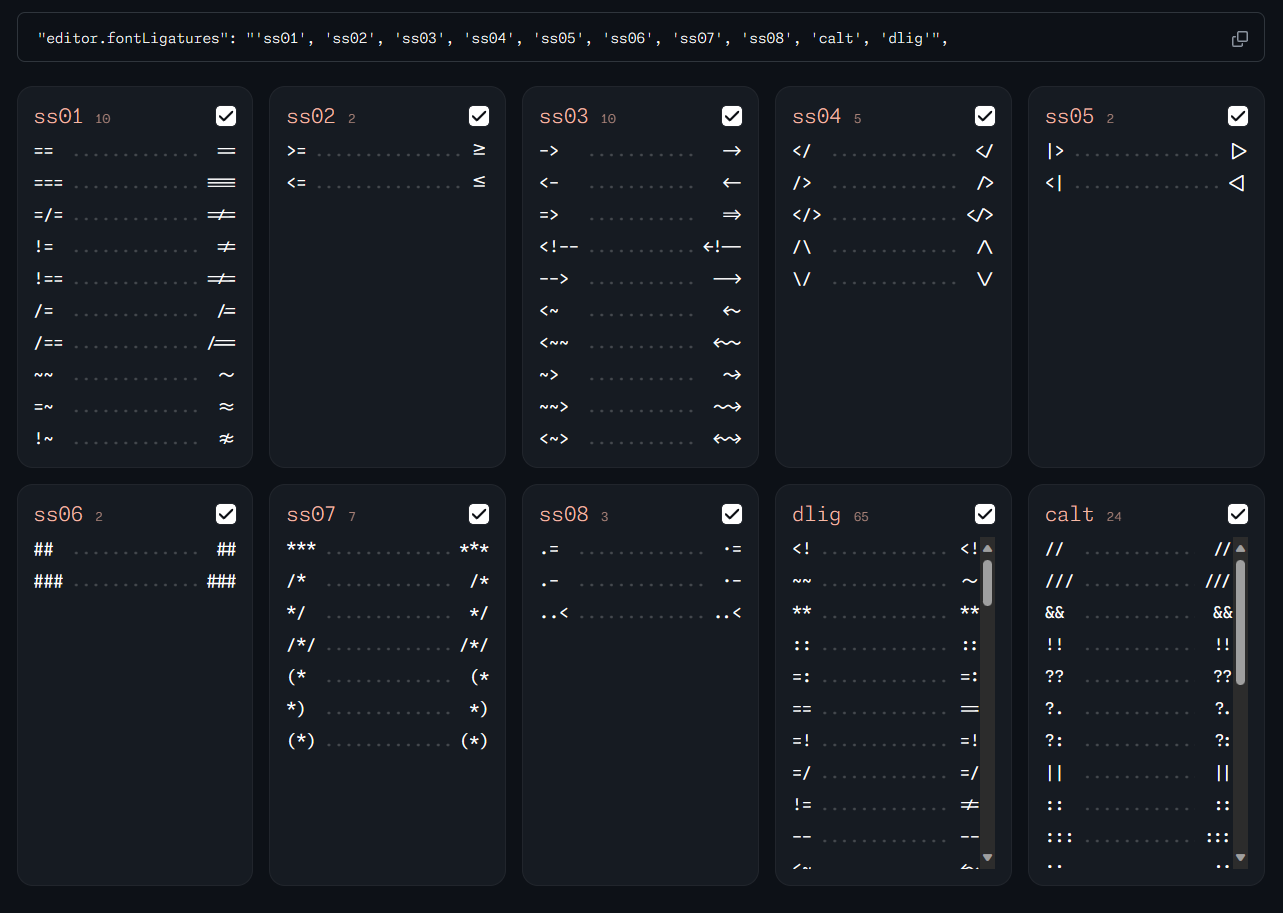 コードリガチャーと「Visual Studio Code」での設定例。利用したくないリガチャーグループは削除してしまうとよい