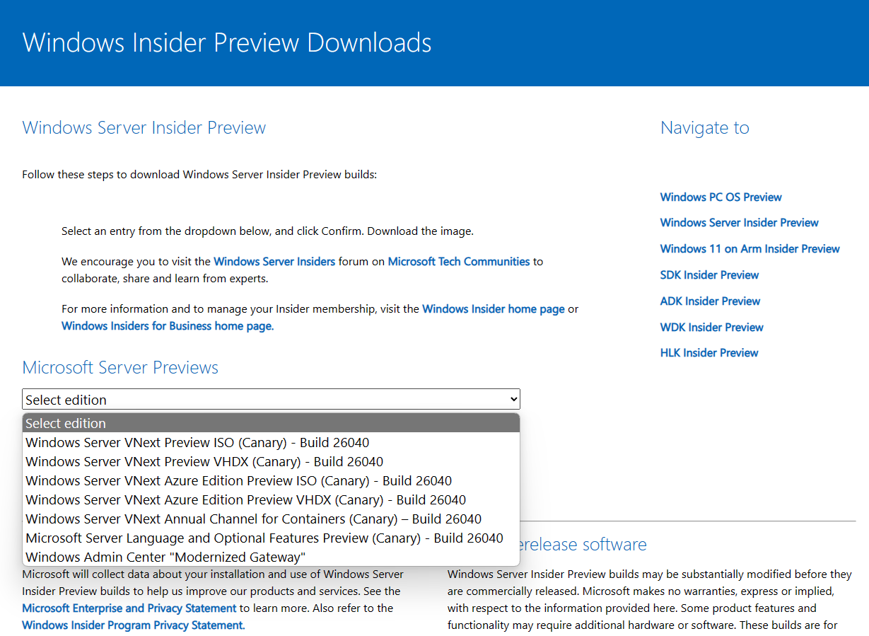 ISOイメージファイル、仮想ディスク（VHDX）などをダウンロード可能