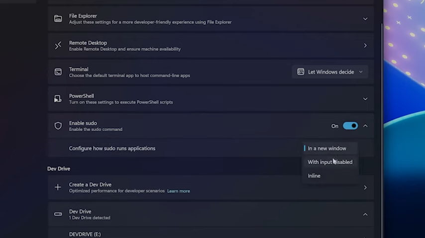 「Sudo」コマンドは、「設定」アプリから有効化可能