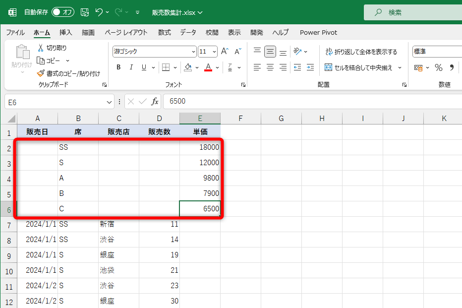 ［席］の種類分、行を追加して［単価］列を用意した。［販売日］［販売店］［販売数］は空欄のままにしておく