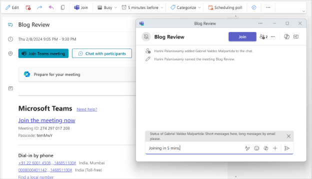 Windows版「Outlook」からTeams会議のチャットに入れる