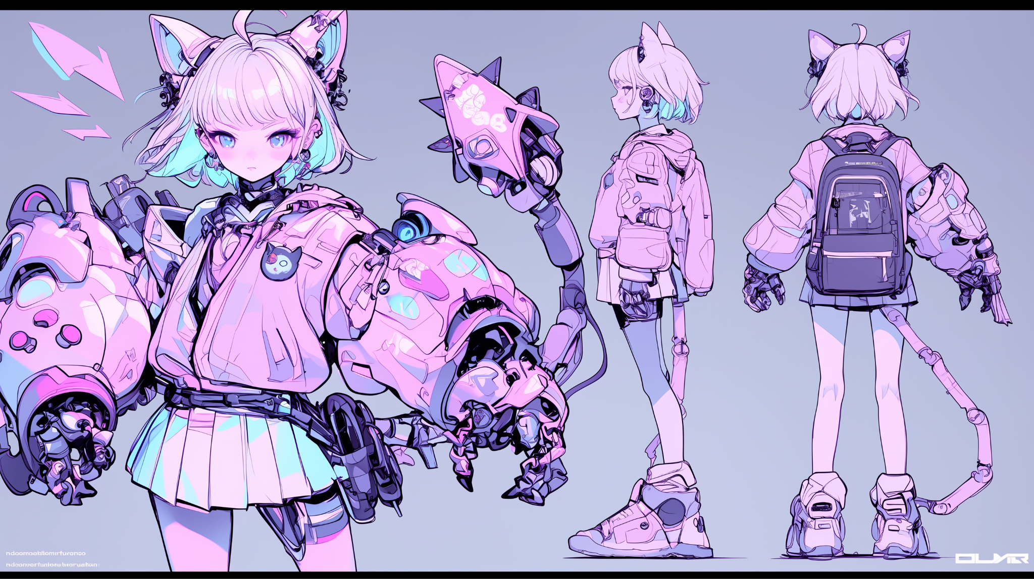 NijiJourney v6 alphaによる生成（プロンプト『キャラクター設計：デルタもん, 猫型ロボット、ライトグリーンのショートボブヘア、猫耳カチューシャ、肩の肌を露出、メカ脚、青いメカっぽい尻尾、ピンクのランドセル、白いミニスカート、胸に三角の金属エンブレム、腹部中央に大きなポケット、イアリング --ar 16:9 --niji 6 --s 400』）