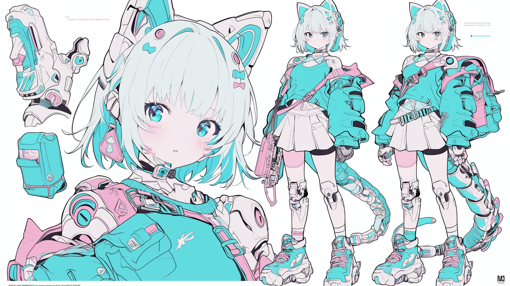NijiJourney v6 alphaによる生成（プロンプト『キャラクター設計：デルタもん, 猫型ロボット、ライトグリーンのショートボブヘア、猫耳カチューシャ、肩の肌を露出、メカ脚、青いメカっぽい尻尾、ピンクのランドセル、白いミニスカート、胸に三角の金属エンブレム、腹部中央に大きなポケット、イアリング --ar 16:9 --niji 6 --s 400』）