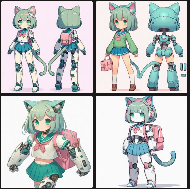 Bing Image Creator による生成（プロンプト『猫型ロボット、ライトグリーンのショートボブヘア、猫耳カチューシャ、脚はメカ、青いメカっぽい尻尾、ピンクのランドセル、白いミニスカート、胸に▼のエンブレム、腹部中央に大きなポケット、イアリング』）