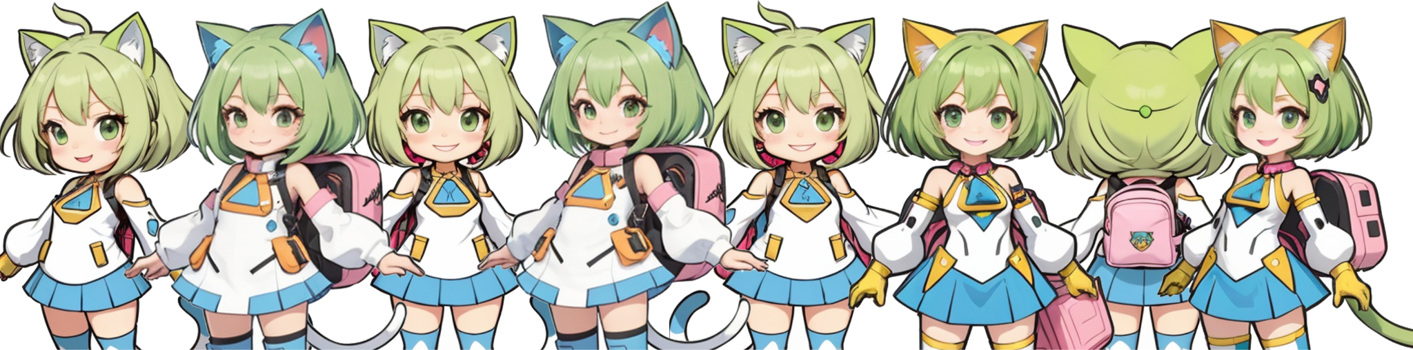 筆者のFooocusによる生成・Photoshopにより列挙（プロンプト『chibi 1girl, facial actions, character design, light yellow green short bobbed hair, cat ear catsuit, exposed shoulder skin, mecha legs, blue mecha-like tail, pink school bag, white one piece skirt with a pocket in the center, naked shoulders, triangular metal emblem on chest, large pocket in center of abdomen, earrings』）