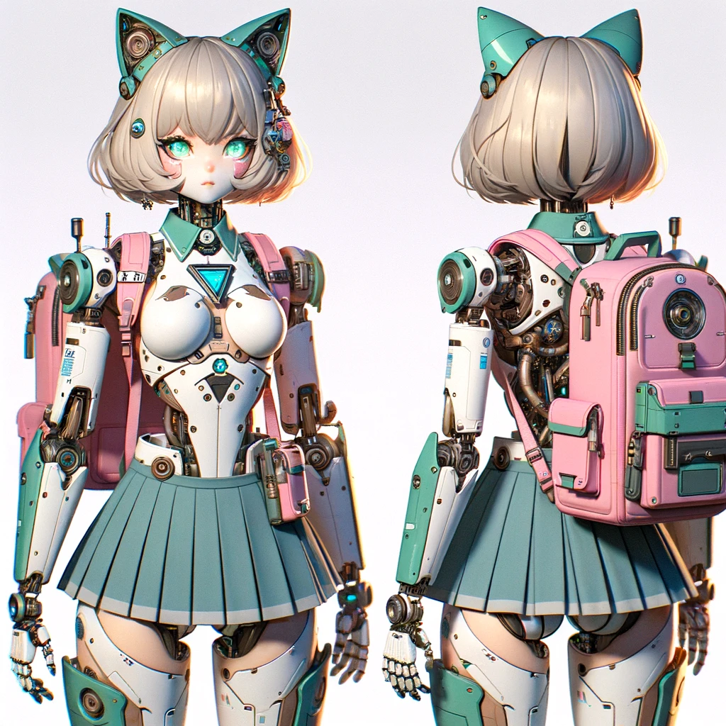 ChatGPT - DALLE-3による生成（プロンプト『キャラクターイラストを生成：猫型ロボット、ライトグリーンのショートボブヘア、猫耳カチューシャ、肩の肌を露出、メカ脚、青いメカっぽい尻尾、ピンクのランドセル、白いミニスカート、胸に三角の金属エンブレム、腹部中央に大きなポケット、イアリング』）