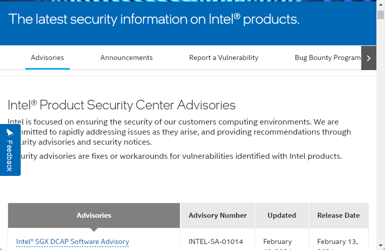 2024年2月のIntelセキュリティアドバイザリが公開