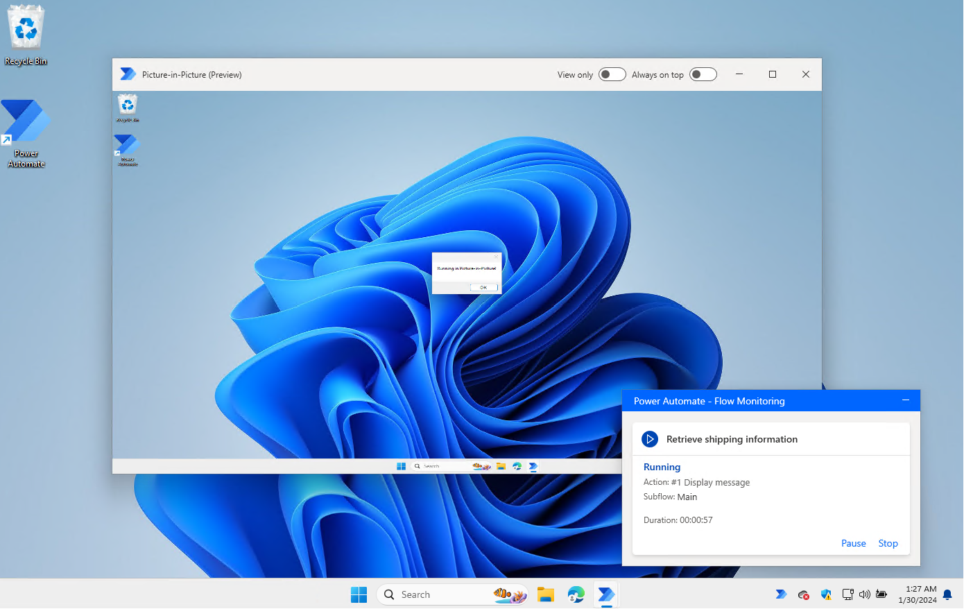 デスクトップフローのピクチャーインピクチャー（PinP）実行モード