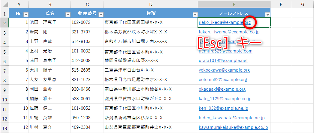 間違えて隣のセルを編集モードに切り替えてしまった場合は［Esc］キーを押す