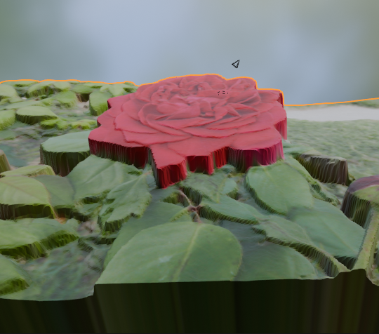 バラのモデルの例。葉の部分は立体的だが、近景の花びらはほぼ平ら