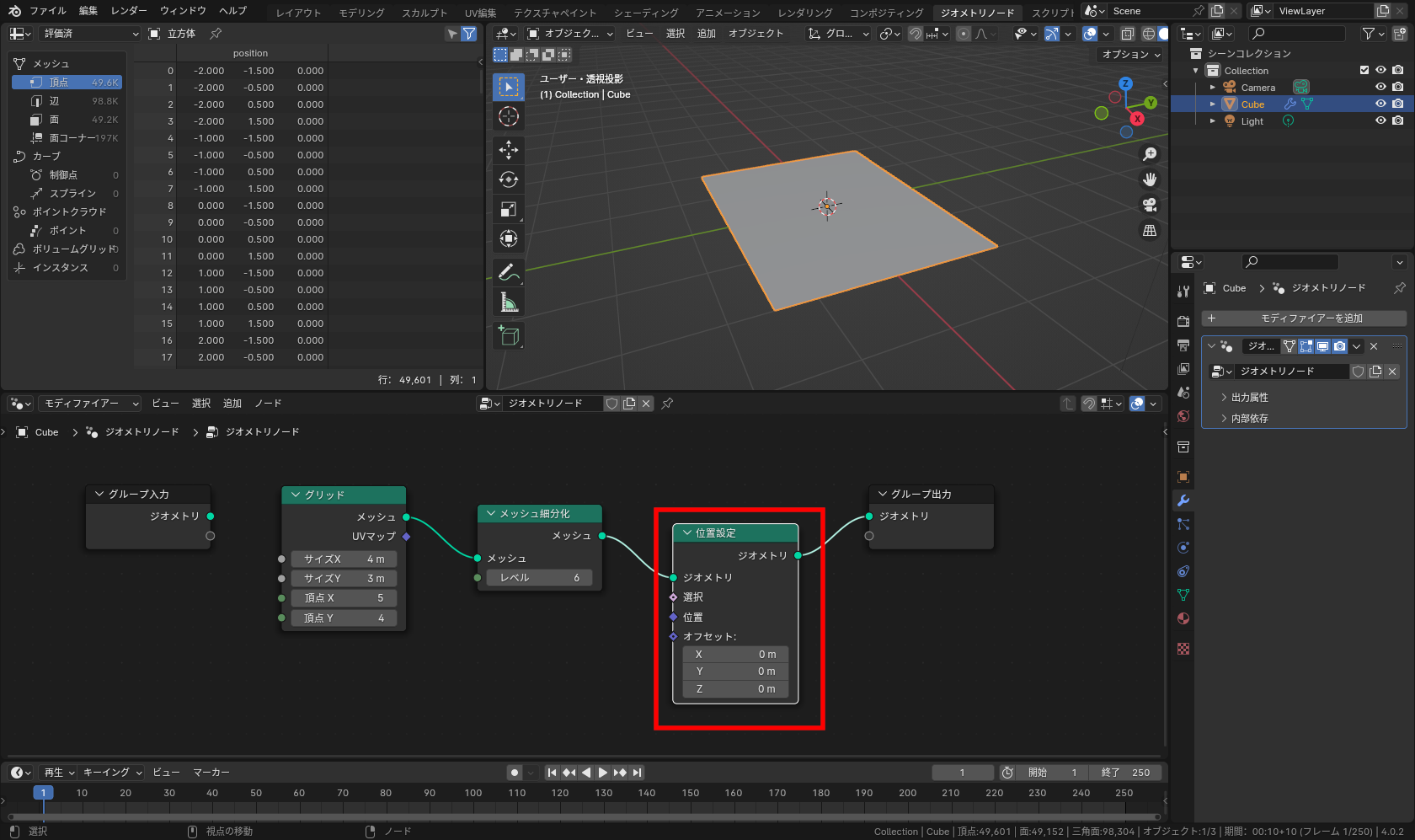 ［追加］－［ジオメトリ］－［書込］－［位置設定］メニューを実行し、［メッシュ細分化］ノードと［グループ出力］ノードの間の線上に割り込ませる