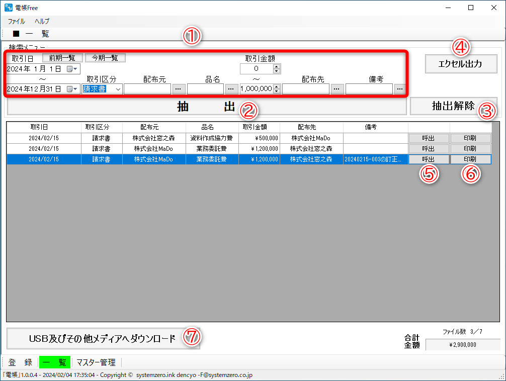 画面上部の項目で抽出条件を指定する（①）。［抽出］（②）で該当するデータを抽出する。［抽出解除］（③）は条件のクリア。［エクセルで出力］（④）は表示中の一覧をExcelファイルとして保存する機能。各データの右側にある［呼出］（⑤）をクリックすると［登録］画面に切り替わる。［印刷］（⑥）は印刷プレビューを確認できる。左下の［USB及びその他メディアへダウンロード］（⑦）は表示中の一覧に登録されている電子取引データ（PDF/JPEG/PNG）を指定したフォルダーに保存する機能