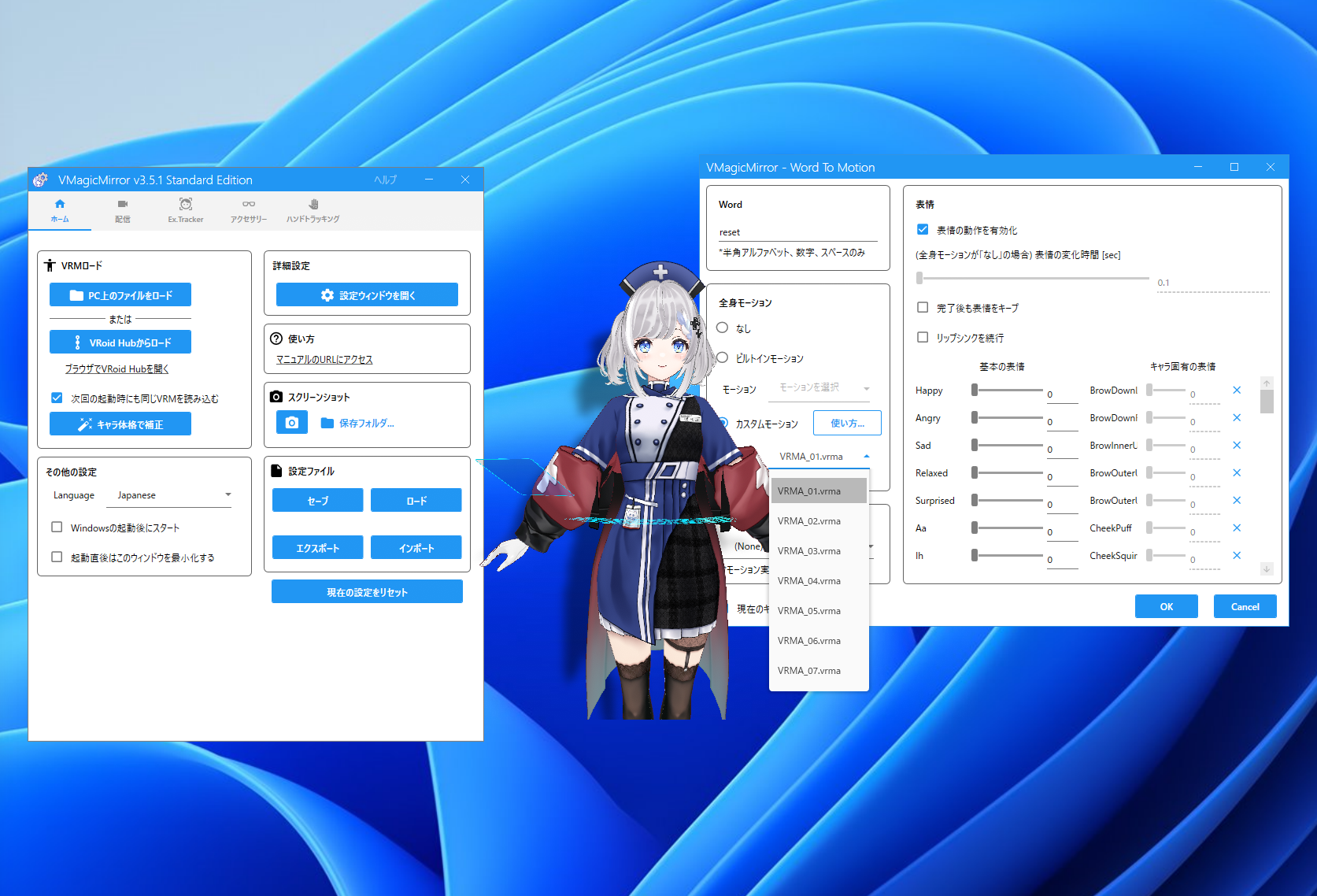 「VMagicMirror」で「VRMA」アニメーションを割り当てた様子