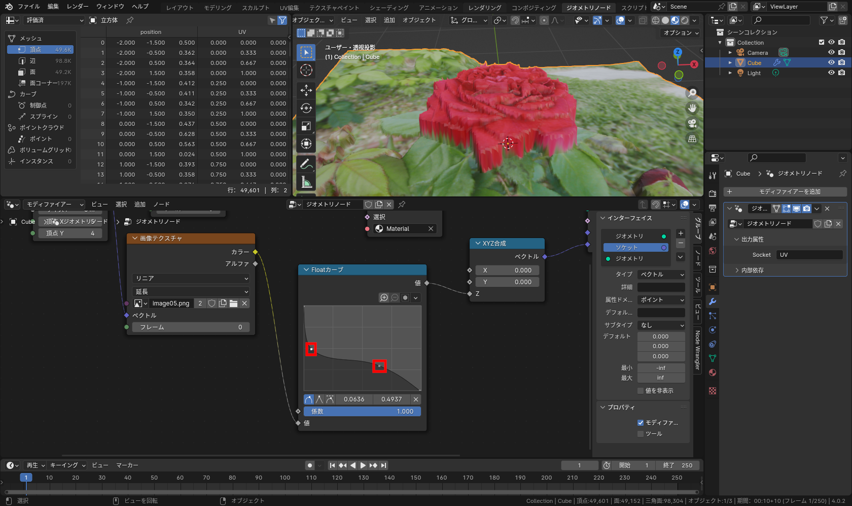 ［ジオメトリノード］エディター内の［Floatカーブ］ノード内の線上のどこかをドラッグして「制御点」を2つ作り、図のように調整