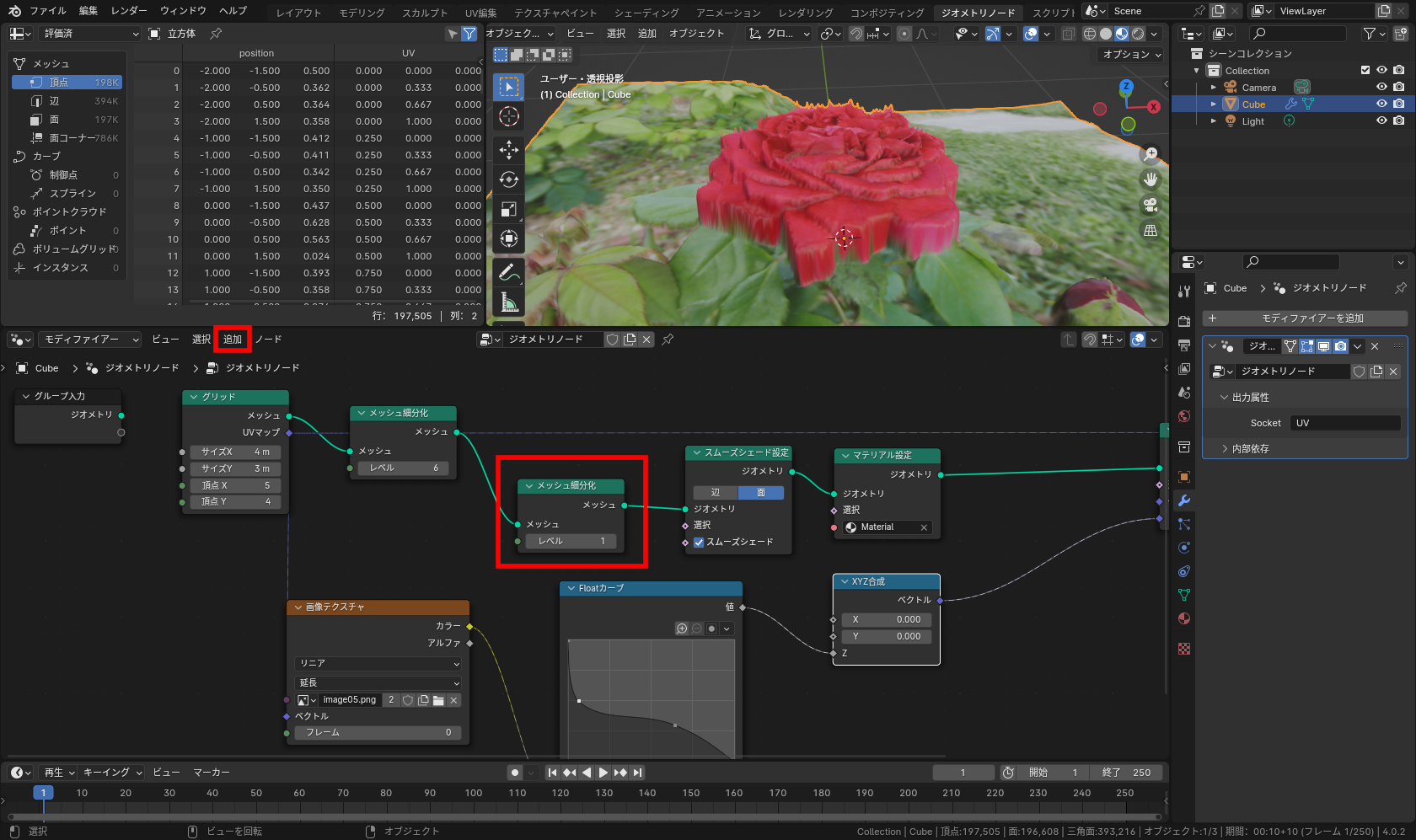 細かくしたい場合は、［追加］－［メッシュ］－［処理］メニューの［メッシュ細分化］で［メッシュ細分化］ノードを、現在の［メッシュ細分化］ノードの後ろにさらに「新規追加」する