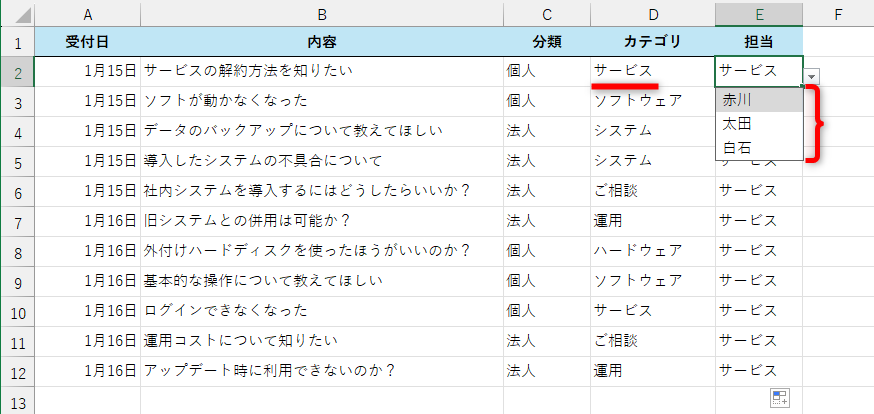 中項目に応じた担当のリストが表示できるようになる。セルE2では「サービス」に含まれる「赤川」「太田」「白石」が表示される