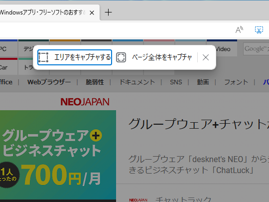 エリアキャプチャーとページ全体キャプチャーを選択
