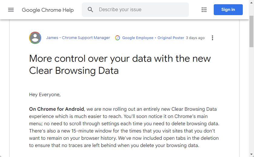 Android向け「Google Chrome」に新しい閲覧履歴データの削除機能が追加