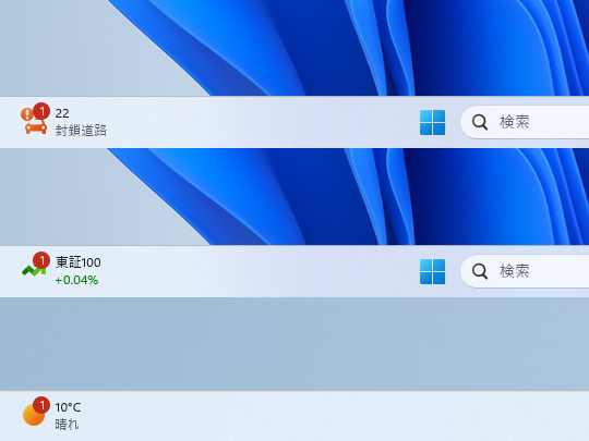 さまざまな情報をタスクバーで知らせてくれる［ウィジェット］エリア。重大なニュースがあることを知らせる通知バッジ機能を備えるが、直近1件しか教えてくれないのが欠点だ